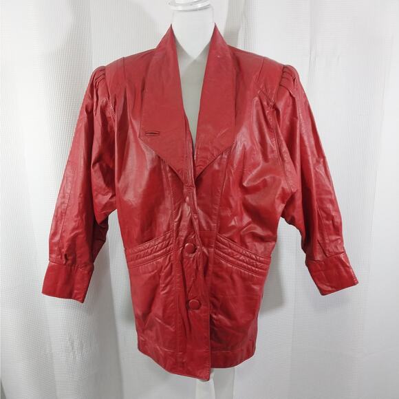COMINT! LUXE ROUGE RED GENUINE LEATHER PUFF SLEEVE, JEWEL BUTTON JACKET! SZ XS - Picture 2 of 14